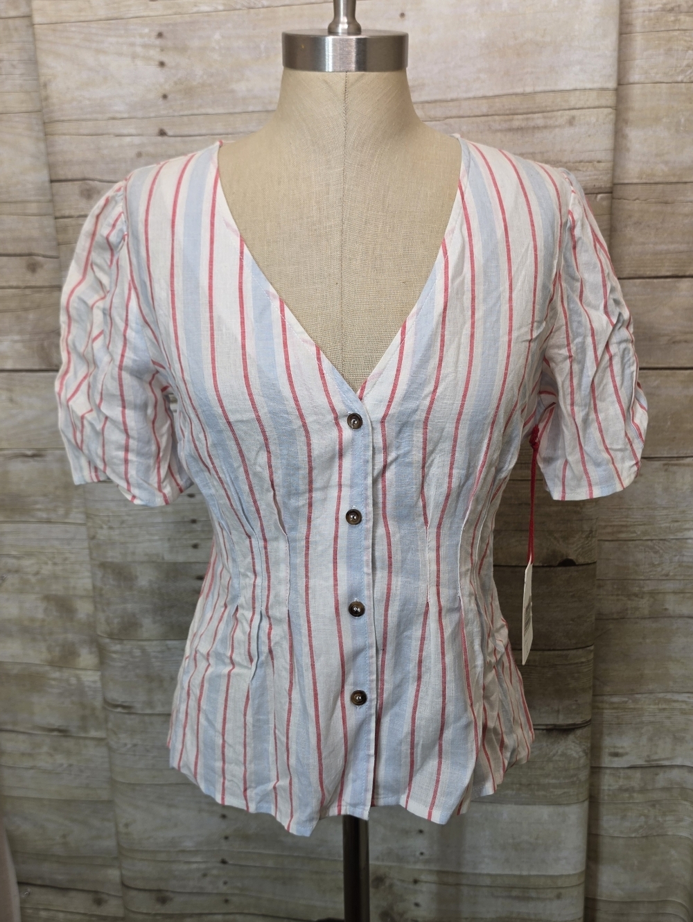 Striped V-Neck Button-Front Women’s Top in White with Red & Blue Stripes